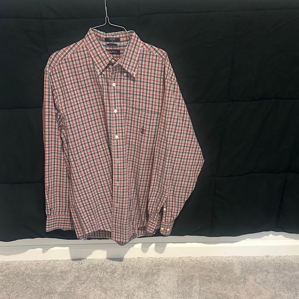 Nautica Red and White Plaid Button Down Shirt